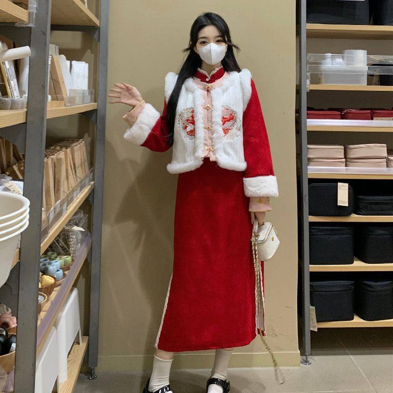 plus size Chubby mm2023 Winter New New Chinese Vest Women's Giant Skinny Red Cheongsam dress suit