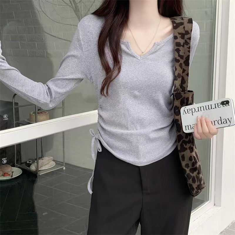 Womens Long Sleeve T Shirt V Neck Drawstring Versatile Chic Design Casual Layering Top for Spring and Autumn