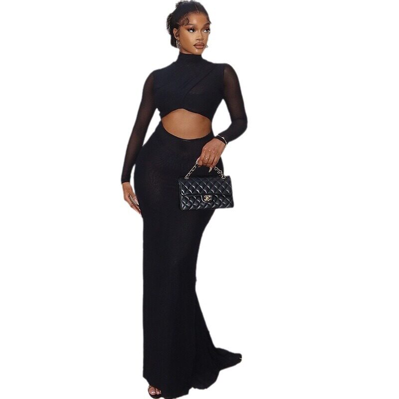 Fashionable Womens Solid Color Dress Sheer Mesh Paneling Long Sleeve High Neck Elegant Fit Perfect for Parties or
