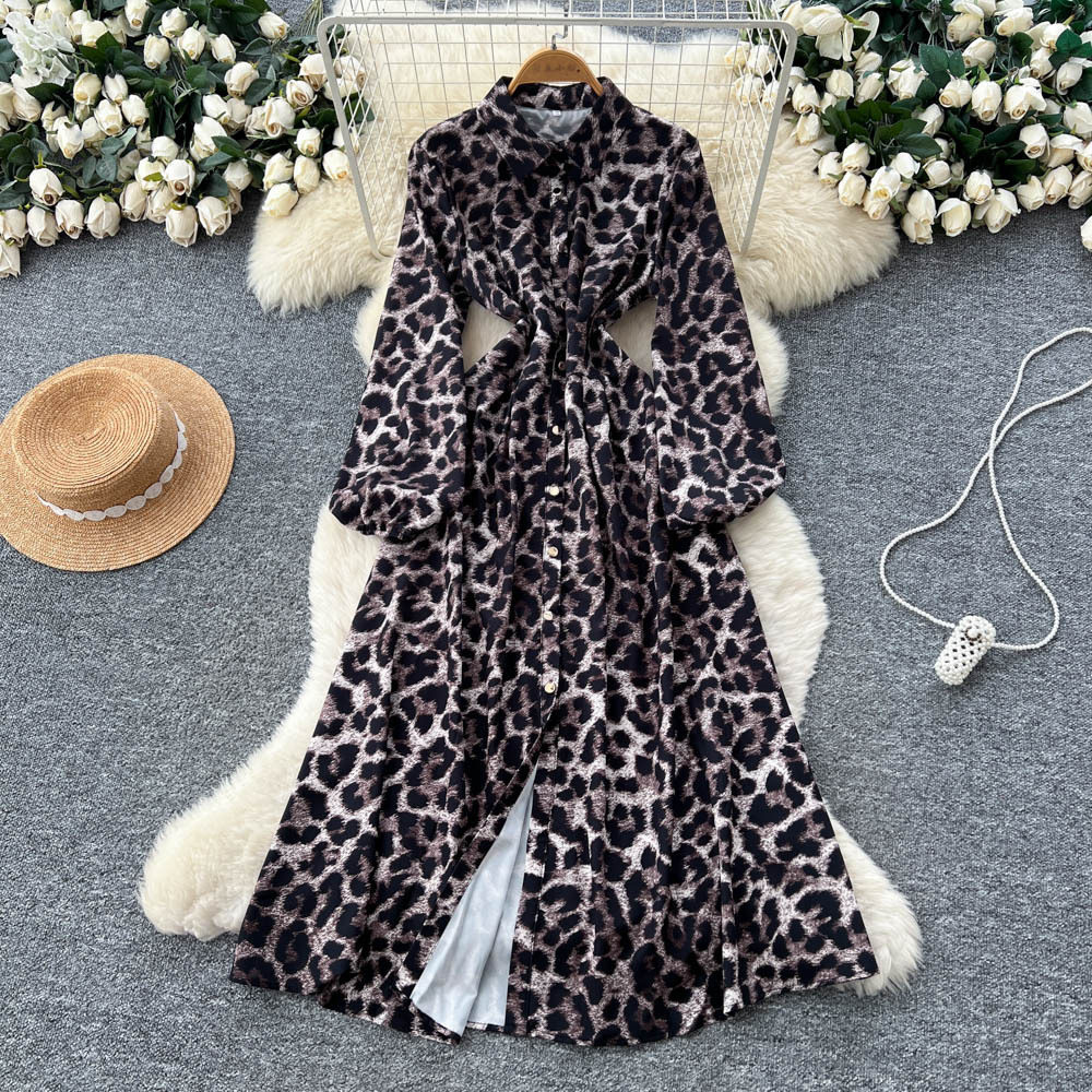 Fashionable Womens Floral Print Dress Long Sleeve Waist Tie A Line Silhouette Versatile for Work or Casual Occasions