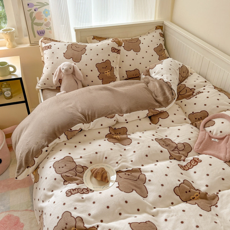 Ins Style Milk Velvet Winter Four-piece Set Student Dormitory Faleel Velvet Bed Three-piece Set Quilt Cover Cartoon Bear Bed Sheet