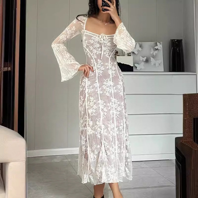 Lace V Neck Hollow Out Dress Elegant Fit Spring Summer Style Slimming Design Wholesale Available