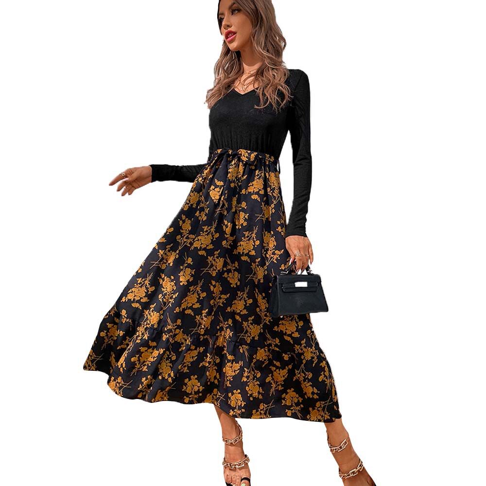V Neck Floral Midi Dress Fresh and Gentle Style Autumn Winter Vacation Wear Wholesale Available