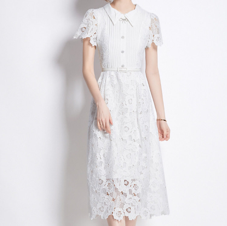 Womens Summer A Line Midi Dress Elegant Lace Cut Out Slim Fit Waist Defining Perfect for Parties and Special