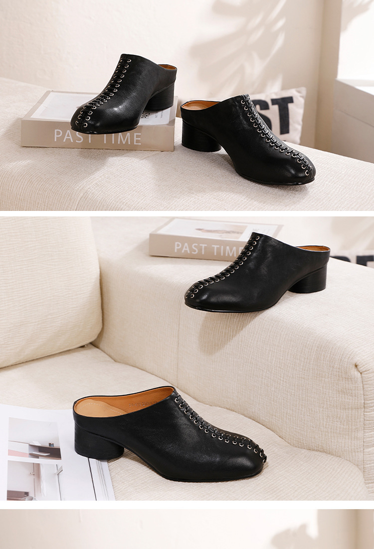Sandal nữ gót thô bọc mũi da bò thật đế êm phong cách cổ điển — màu đen