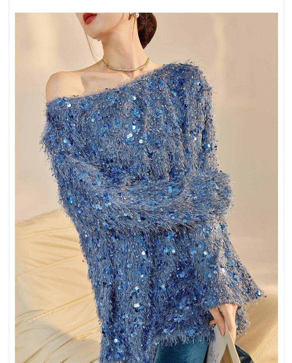 Set áo len dài tay cổ V đính sequin kèm chân váy nhung dài vừa — Váy màu lục lam (giao hàng trong 7 ngày), Váy màu lục lam (phát hành cùng ngày), Áo sequin (giao hàng trong 7 ngày), Áo sequin (giao hàng trong ngày)