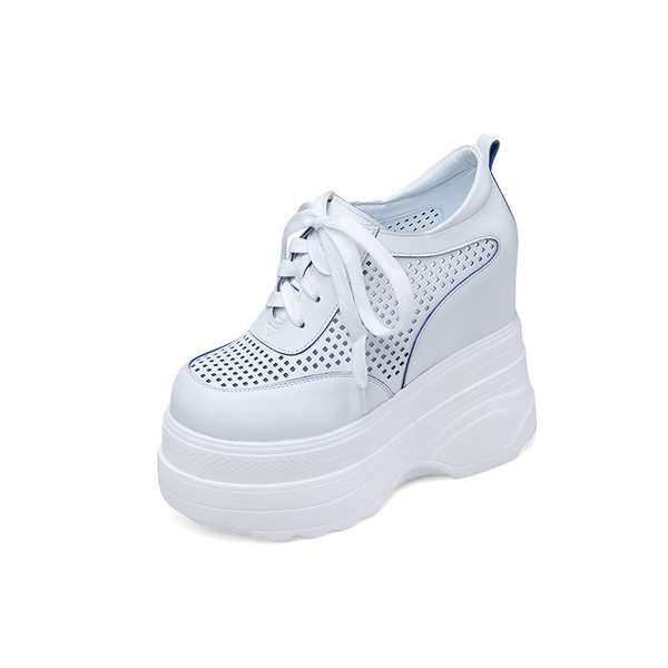 Giày Nữ Buộc Dây Da Mờ Lỗ Thoáng Khí Chiều Cao Đế Khoảng 14cm Màu Trắng
