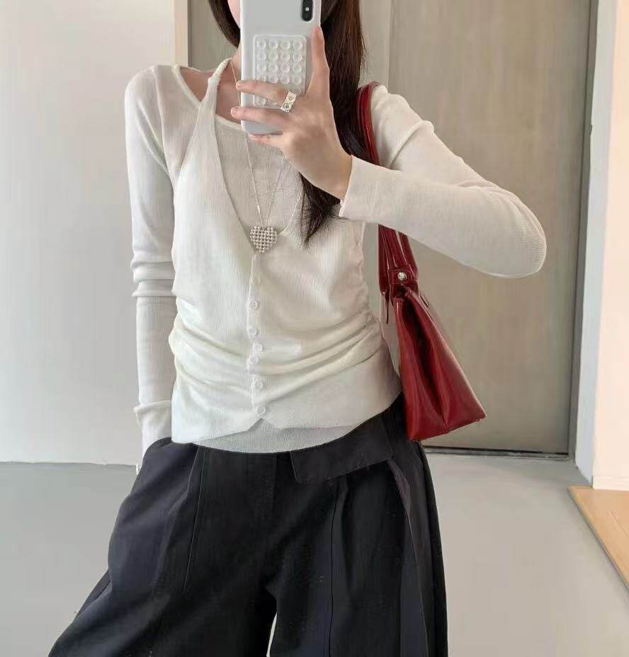 挂脖拼接长袖针织衫假两件上衣2026春季新款高级感巨好看t恤女装