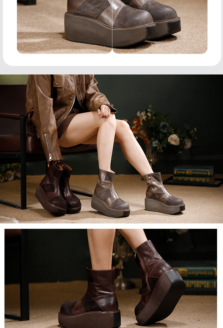 Boot nữ cổ thấp da bò thật đế dày phong cách cổ điển — màu cà phê, màu xám