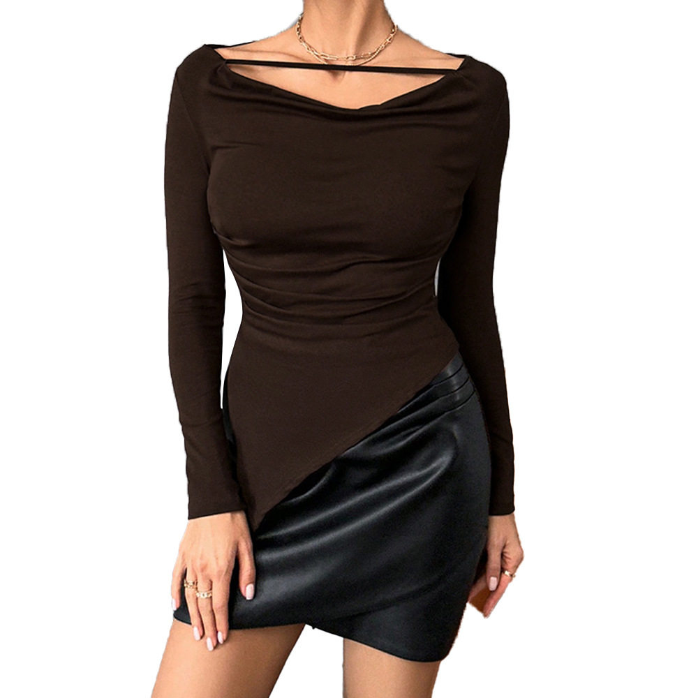 Irregular Hem Long Sleeve Top Small V Neck Waist Cinching Design Elegant Style Perfect for Casual or Formal Occasions