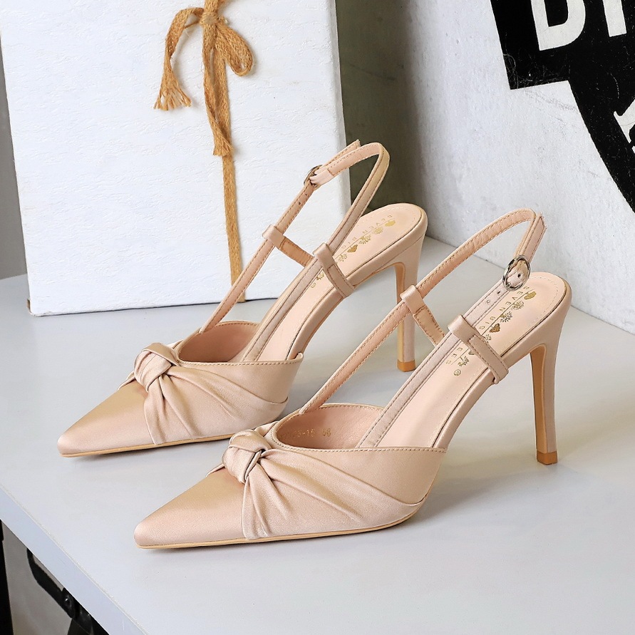 Giày cao gót nữ mũi nhọn gót nhọn 9cm mặt lụa satin thắt nơ phong cách dự tiệc — Màu đen, Màu đỏ rượu, Màu sâm panh, Màu xanh da trời