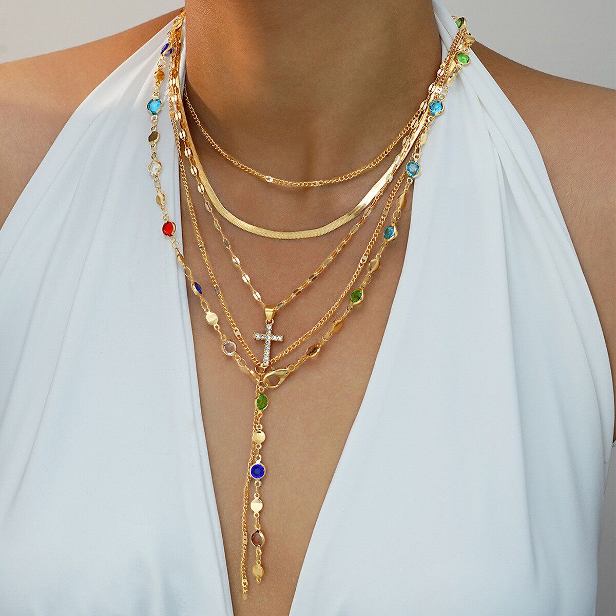 镶嵌彩钻爱心吊坠流苏项链四件套装百搭小众轻奢气质项饰叠戴锁骨