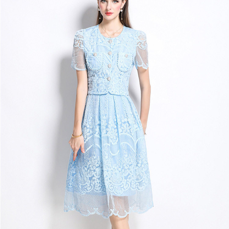 Lace Embroidery Two Piece Set Elegant Top and Midi Skirt Summer Fashion for Petite Women Wholesale Available