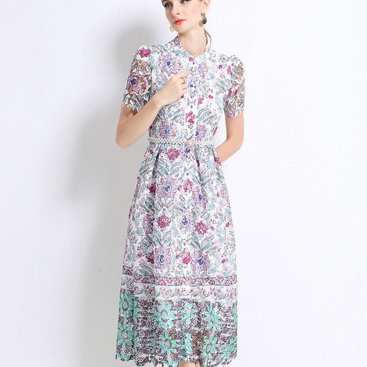 Elegant French Style Womens Dress Summer Collection Intricate Lace Hollow Out Design Button Closure Long Length