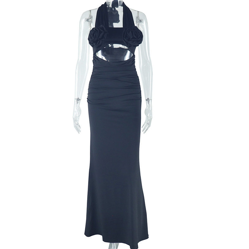 Sweet Fresh Floral Embellished High Waisted Midi Dress Halter Neck 3D Rose Decoration Elegant Style Autumn Collection