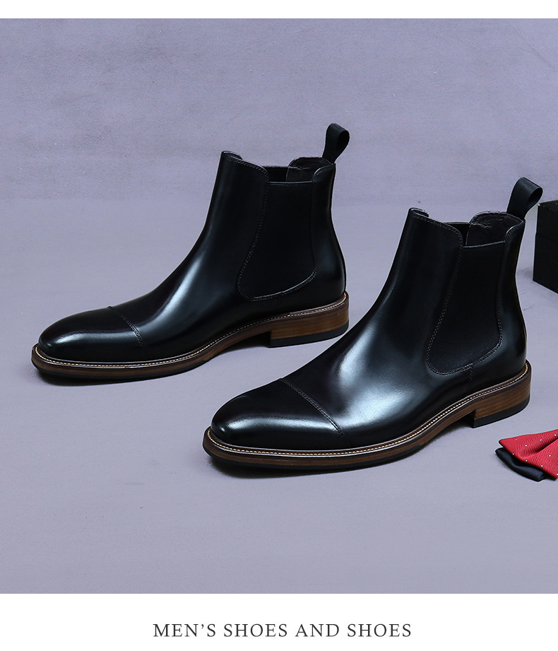 Boot Chelsea nam da bò cao cấp cổ thấp phong cách công sở — Màu nâu cộng với nhung, Màu đen, Lông cừu đen, Màu cà phê