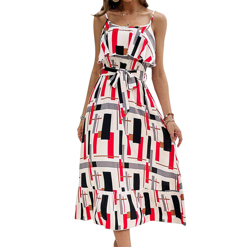 Elegant Ruffled Hem Geometric Print Maxi Dress Colorful Trendy Sleeveless Perfect for Summer Events Wholesale