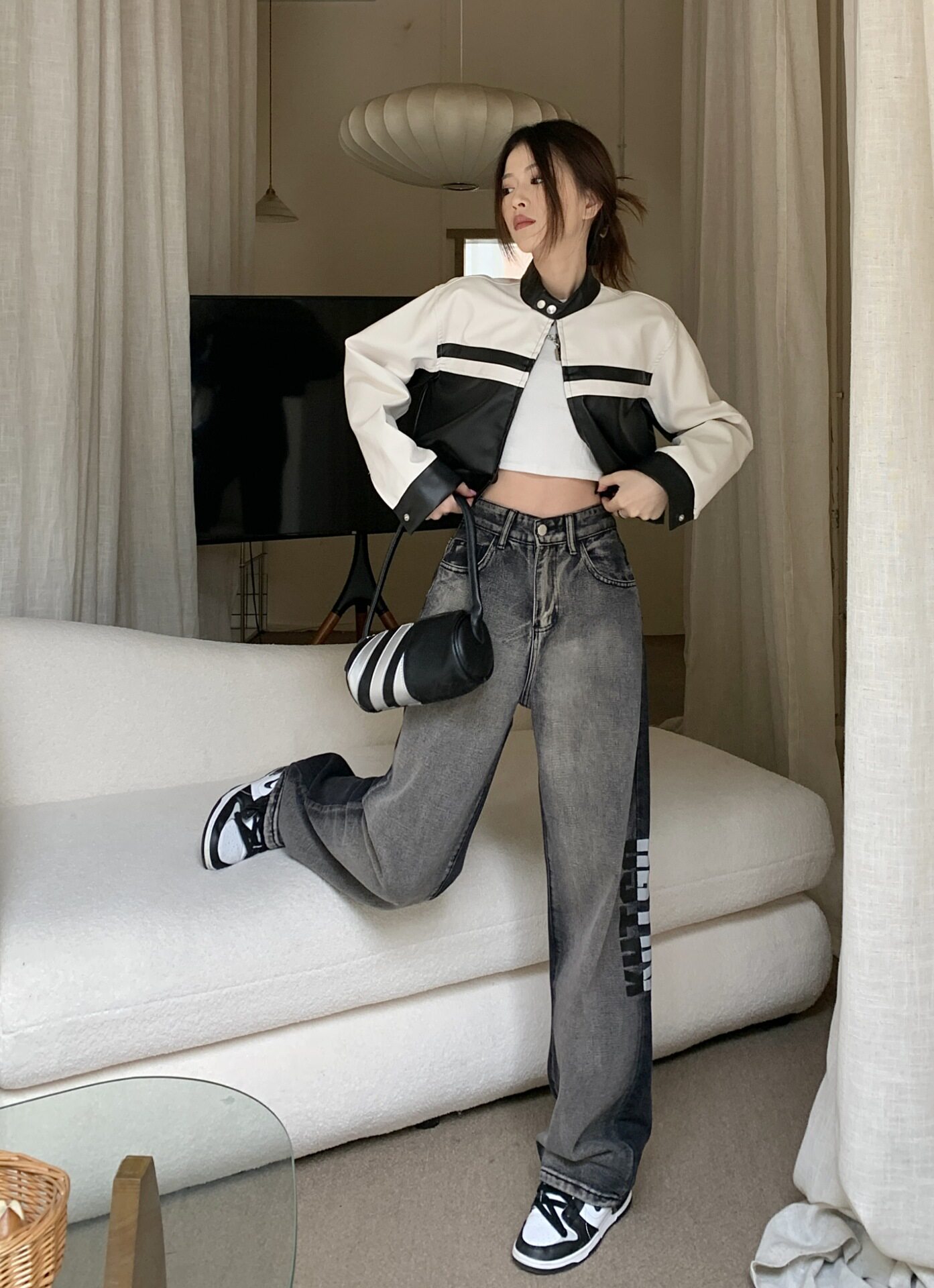 Color Block Gradient Womens Jeans High Waist Loose Fit Wide Leg Vintage Style Spring and Autumn Fashion