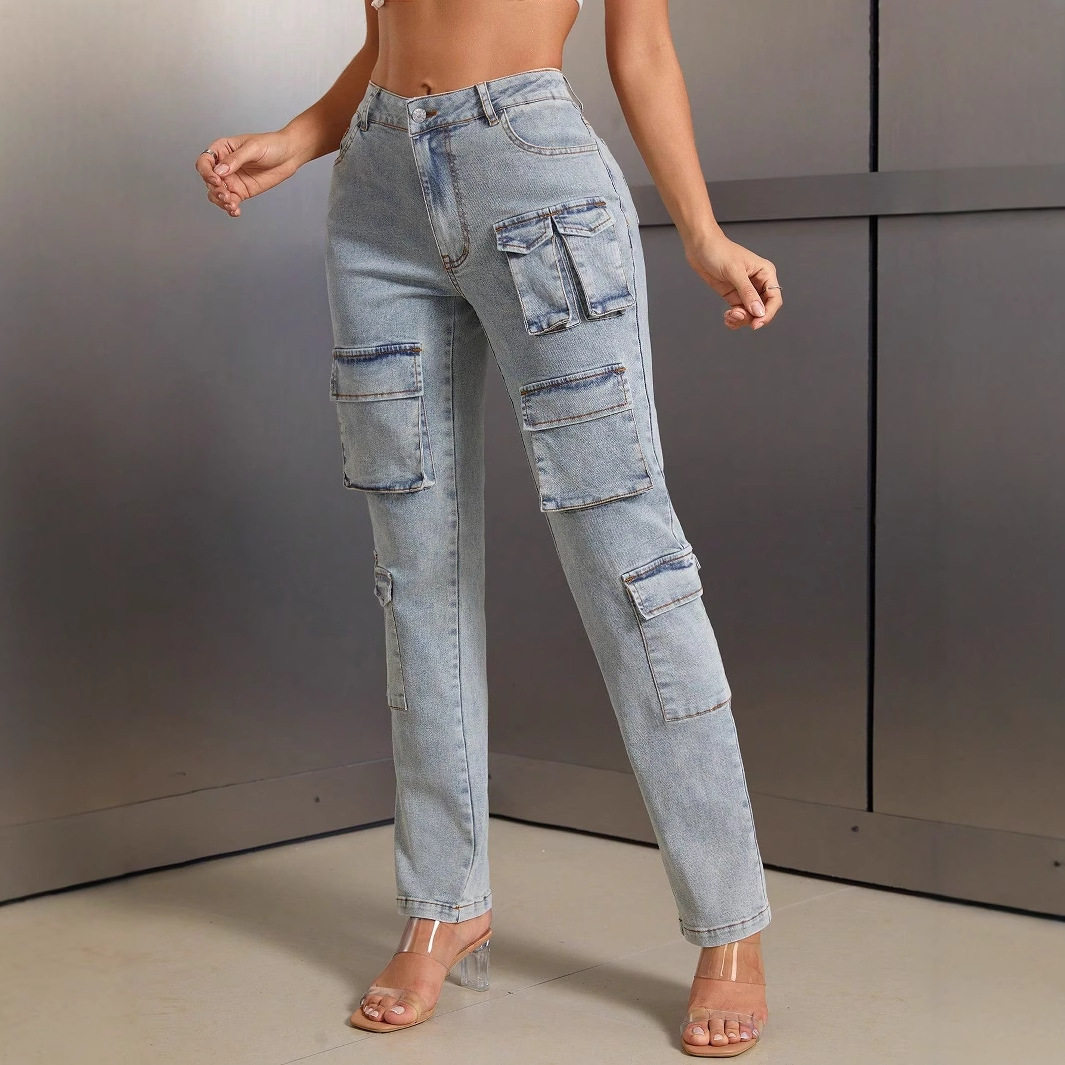 Womens Cargo Denim Trousers Multi Pocket Design Casual Style Comfortable Fit Perfect for Everyday Wear Wholesale