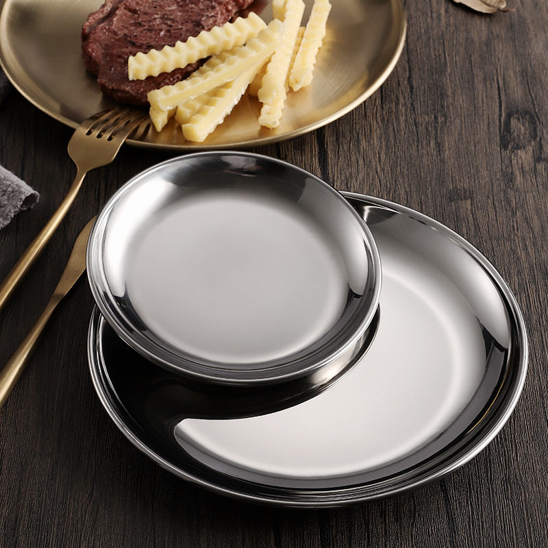 Korean-style 304 Stainless Steel Disc Commercial Golden Barbecue Plate Tray Cake Plate Bone Plate Shallow Plate Custom Logo