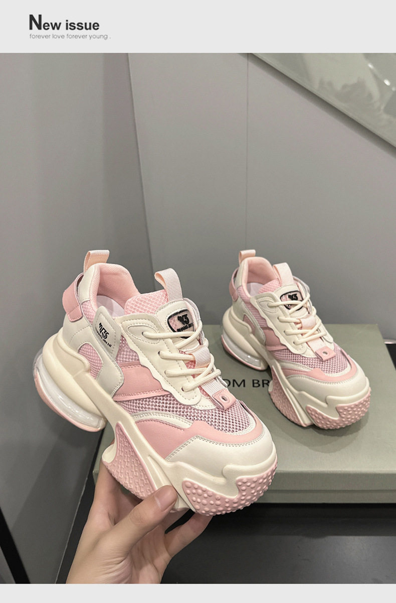 Giày sneaker nữ chunky đế dày da bò thật phối lưới thoáng khí, gót siêu cao 8 cm, tăng chiều cao — Trắng, đen, Xám, Hồng chi tiết 14