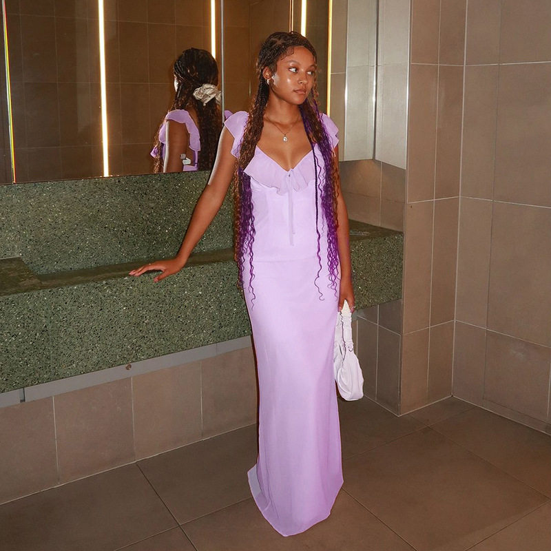 YJ24657P欧美跨境性感荷叶边系带修身连衣裙2025夏季新款礼服女装