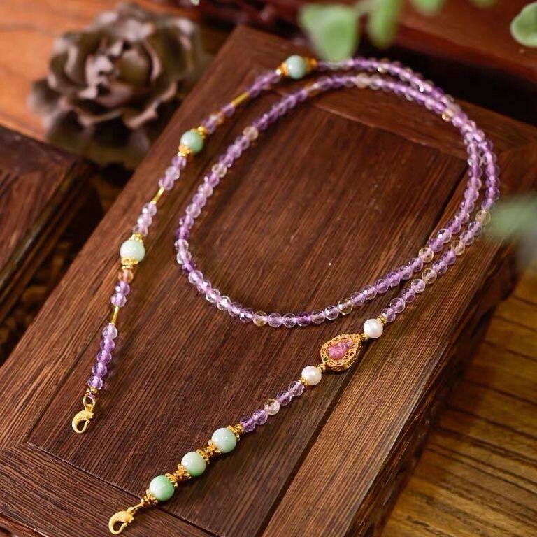 Authentic Natural Amethyst Necklace Women's Double Buckle Universal Necklace Jade Freshwater Pearl Multi-Treasure Sweater Chain New Style
