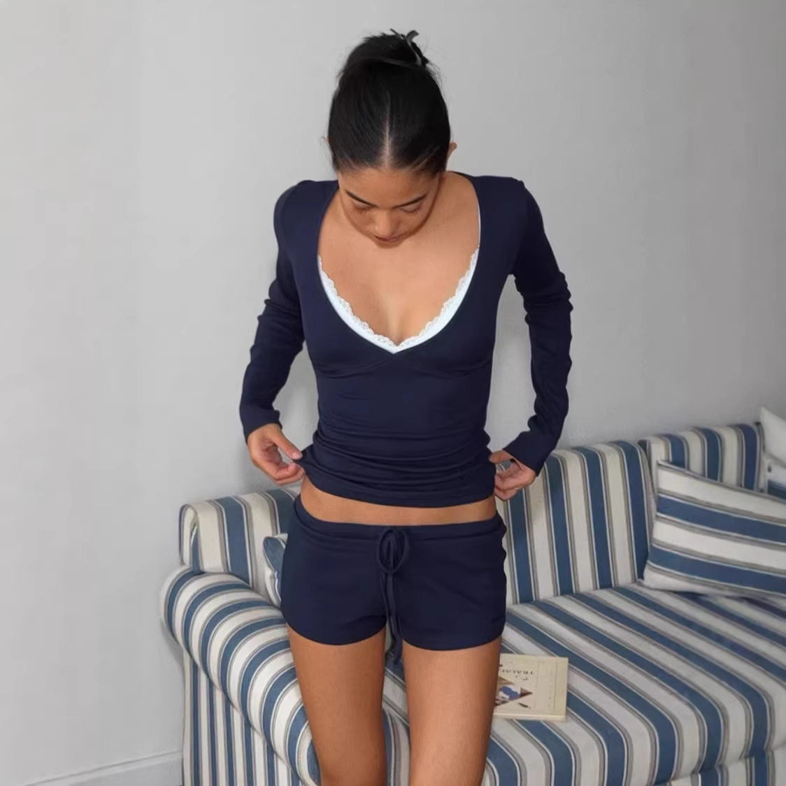 Soft Modal Two Piece Set for Women Casual V Neck Top and Fitted Shorts Stylish Everyday Wear Wholesale Available