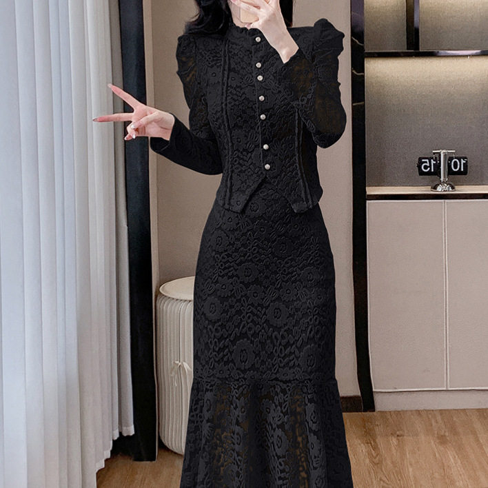 French Style Elegant Lace Top with Stand Collar and Puff Sleeves High Waist Mermaid Skirt Set Chic Two Piece Outfit for