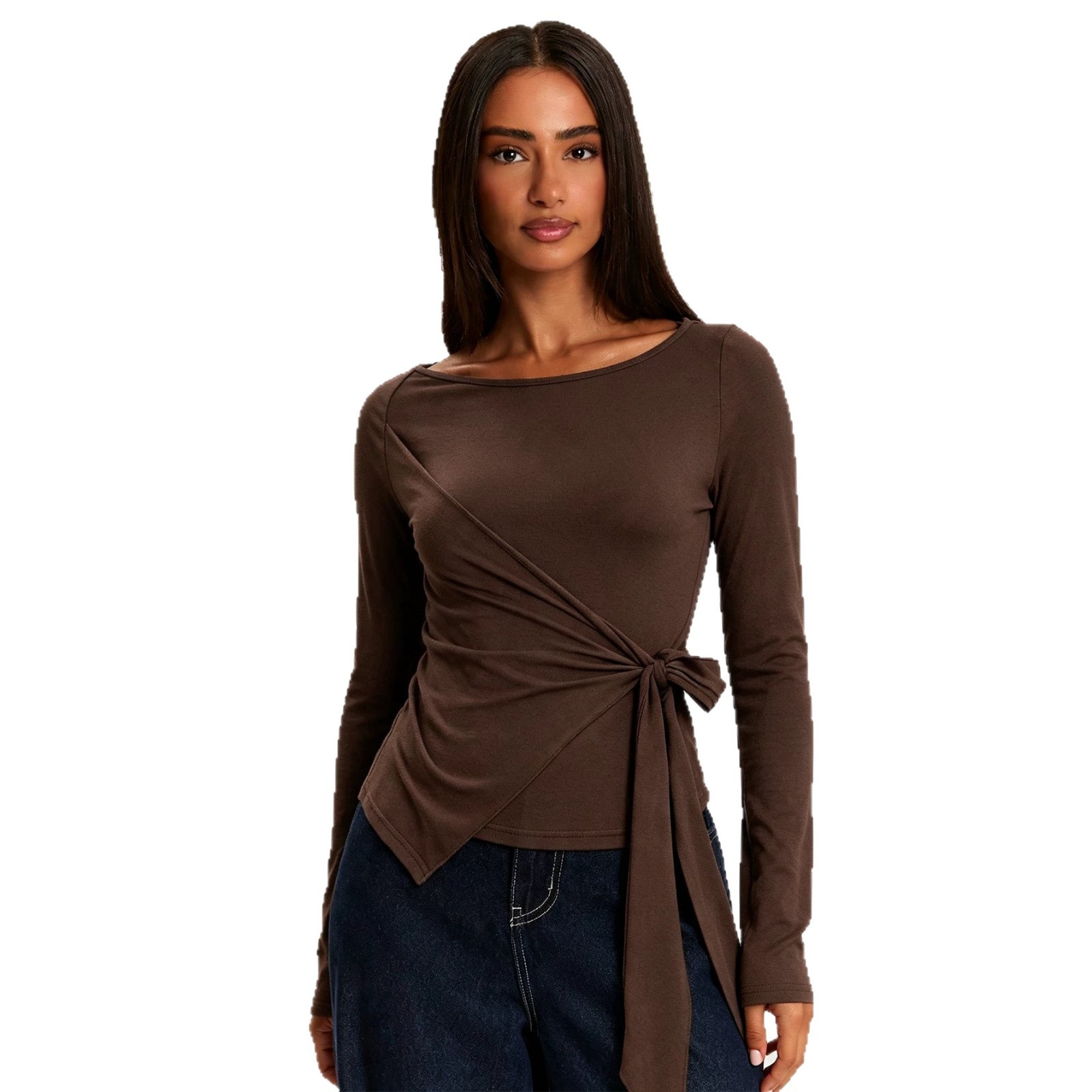 Vintage Off Shoulder Long Sleeve T Shirt Side Tie Waist Cinching Asymmetrical Hem Casual Wear Wholesale Available