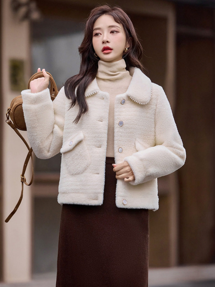 &Aacute;o Kho&aacute;c Nữ Thiết Kế Tiểu Thư Cổ Bẻ L&ocirc;ng Ấm &Aacute;p Thời Trang M&agrave;u Kem