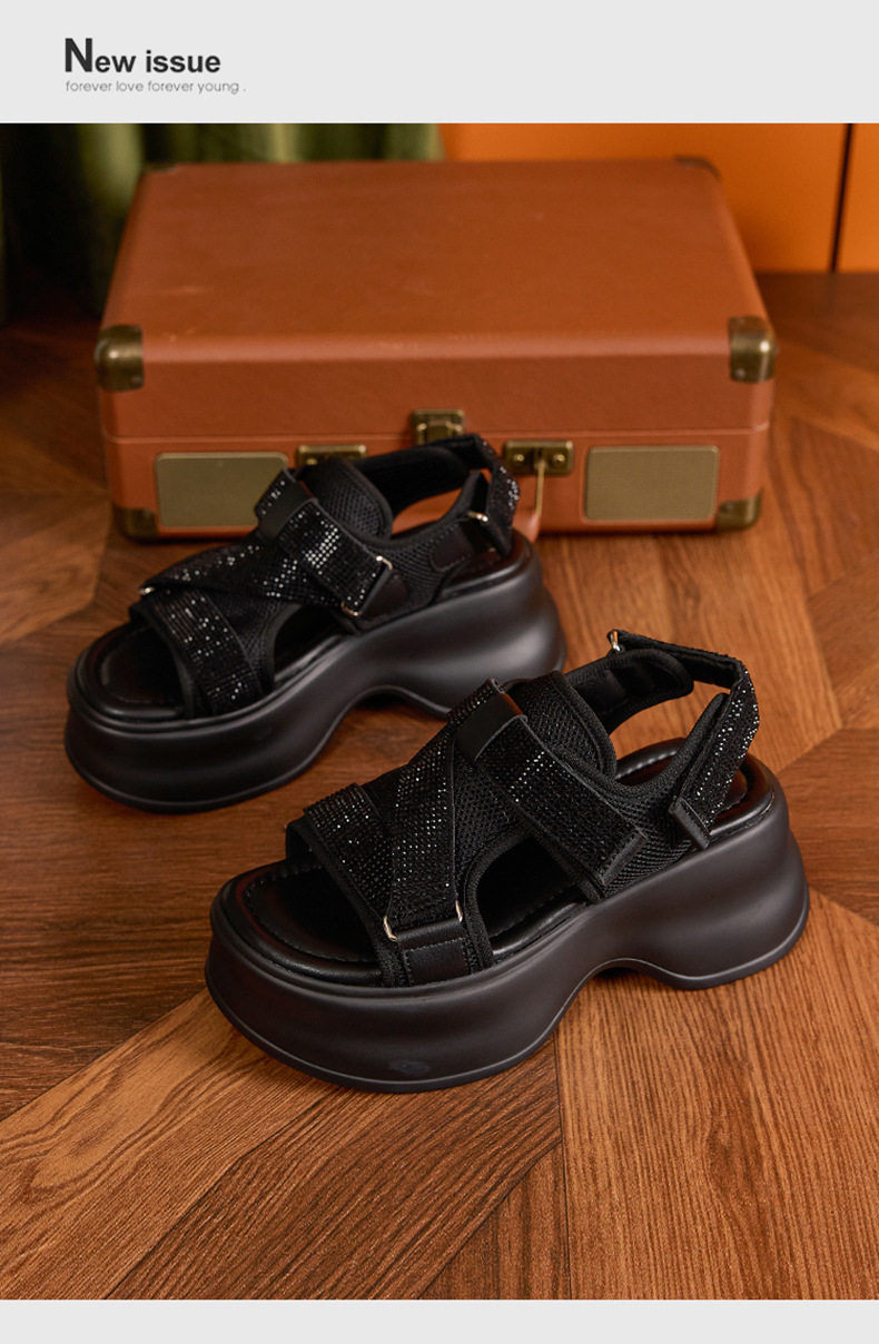 Dép sandal nữ quai chữ V đế PU mềm, dây Velcro tiện lợi — Len tinh khiết, Đen chi tiết 14