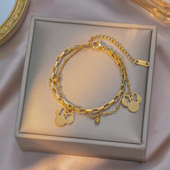 Cross-border hot double-layer hollow butterfly titanium steel bracelet light luxury fashion jewelry New Mickey pendant non-fading