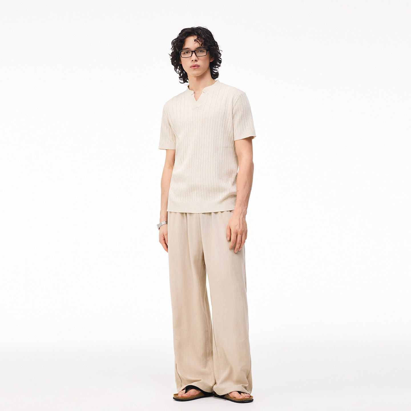 老钱风小V领短袖通勤针织衫纯色 26春夏新款莱赛尔条纹休闲上衣男