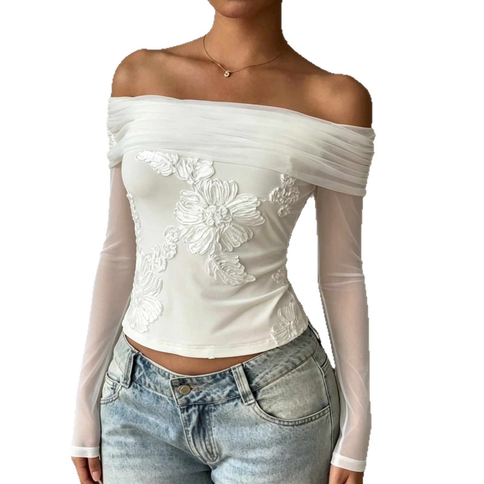 French Style Womens Long Sleeve T Shirt Embroidered Fitted Off Shoulder Autumn Fashion Wholesale Available