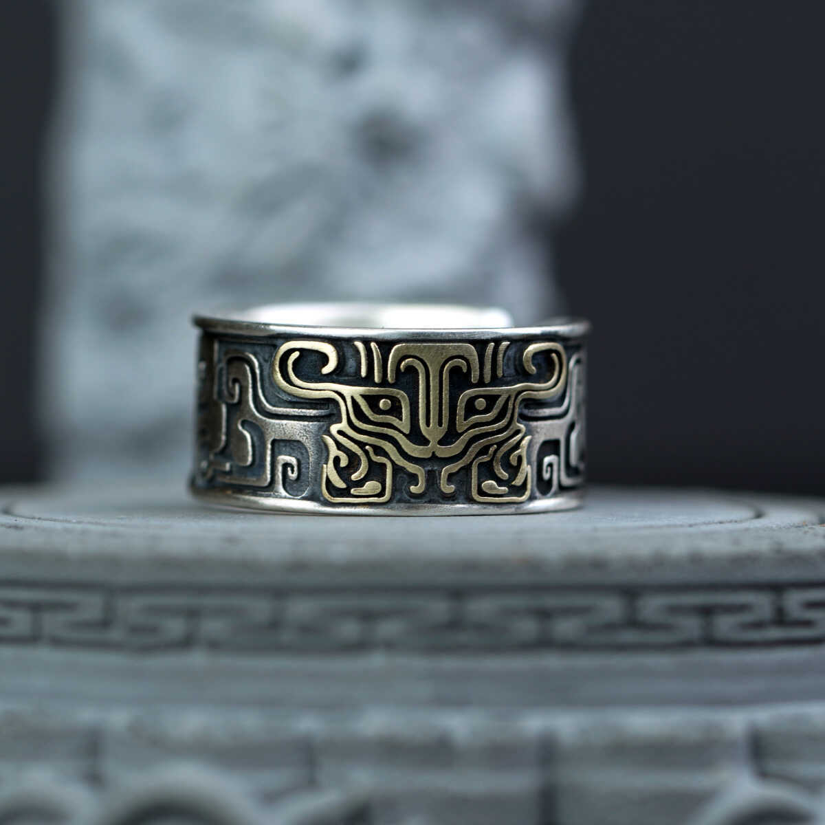 Chinese Style Auspicious Beast Gluttonous Pattern Ring Men's Aggressive Fashion Open Ring Retro Personalized Finger Ring