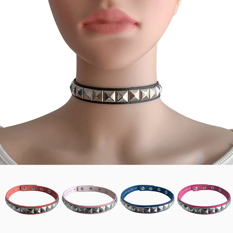 Punk style square rivet collar personalized leather non-mainstream necklace PU leather neck chain clavicle chain cross-border exclusive