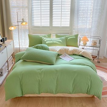 High-looking isn simple solid color washed cotton double-piece bed sheet student three or four-piece set naked sleeping double quilt cover wholesale
