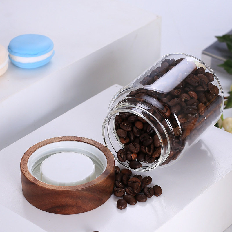 Spiral grain High Borosilicate glass storage jar Acacia wooden lid glass sealed jar tea jar kitchen storage bottle