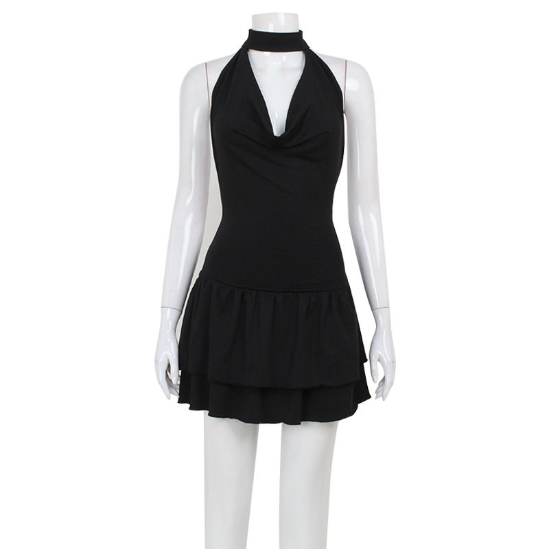 Backless Halter Neck Dress Sexy Low Cut Ruffle Hem Elegant Solid Color for Parties and Events Wholesale Available