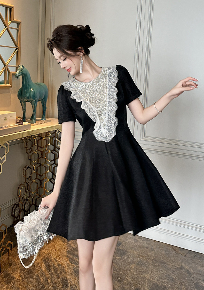 Đầm suông nữ midi tay ngắn cổ tròn A-line phong cách Hàn Quốc — [Đen] chi tiết 5