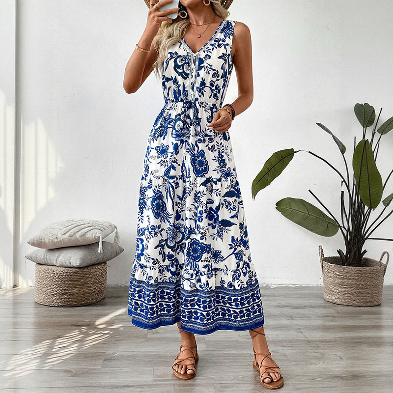 Vintage Floral Print Sleeveless Dress Summer Vacation Style Lightweight Fabric Elegant Design Wholesale Available