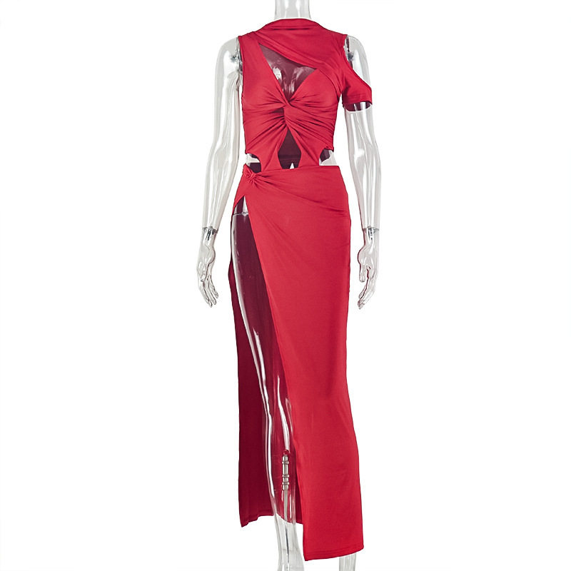 Womens Fashion Dress Solid Color Asymmetrical Hem Slit Design Ruffled Details Casual or Evening Wear Wholesale
