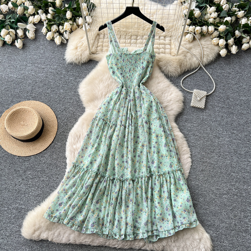 Floral Print Maxi Dress Sweet French Style Mint Green Lace Trim Waist Defining Summer Vacation Wear Wholesale