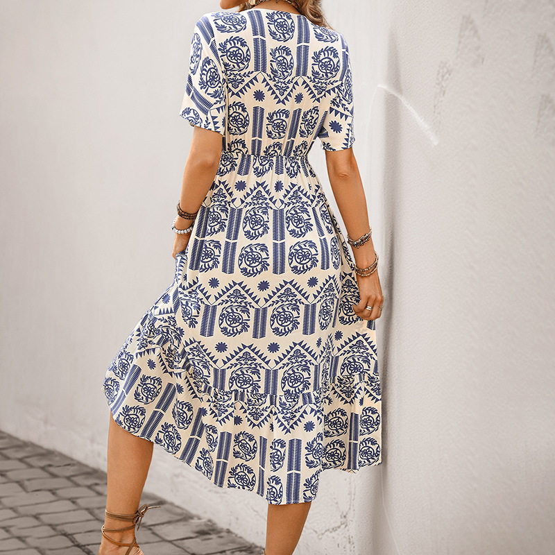 Casual Summer Dress Short Sleeve V Neck Ethnic Print Vacation Wear Wholesale Available bulk order