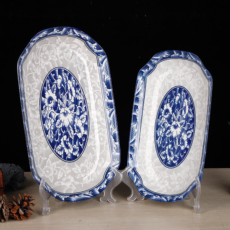 Green Print Ceramic Dishes and Plates Set Daily Necessities Blue and White Porcelain Tableware Home or Hotel Tableware Ceramic