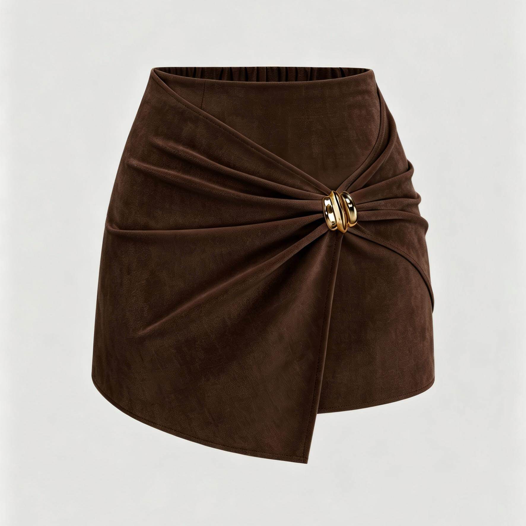 High Waisted Suede Skirt Solid Color Decorative Details Fashionable Design Womens Apparel for Casual Occasions