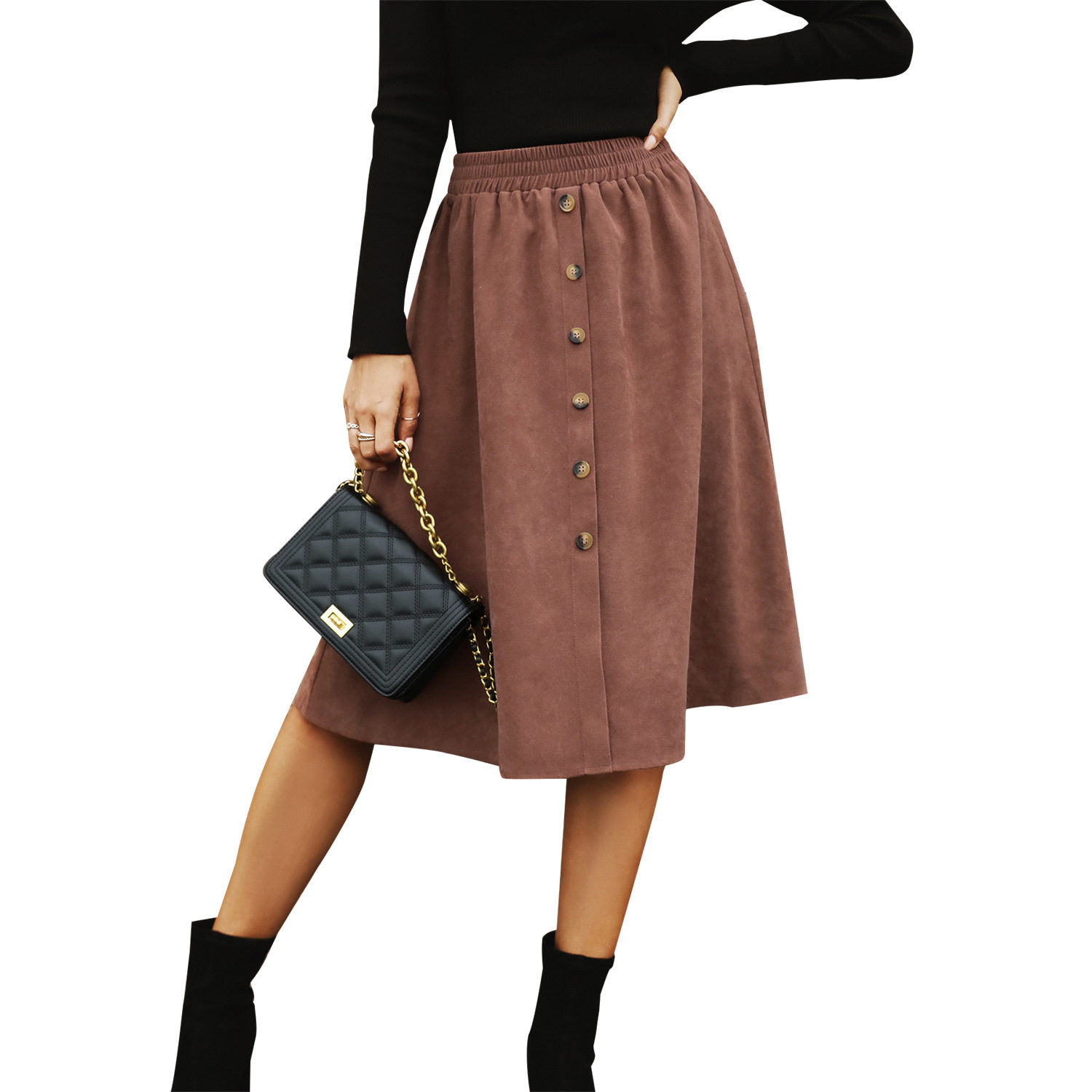 A Line Midi Skirt Button Detail Elastic Waist Fall Fashion Casual Wear for Women Wholesale Available