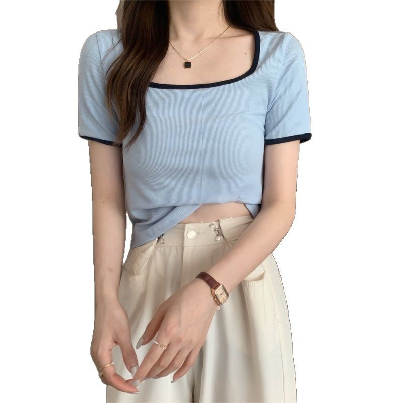 Plus Size Womens Short Sleeve T Shirt Square Neck Slimming Fit Comfortable Fabric Spring and Autumn Layering