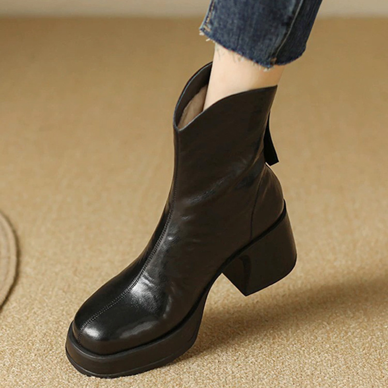 Boot nữ cổ thấp gót thô phong cách thời trang thanh lịch — Màu đen, Màu nâu